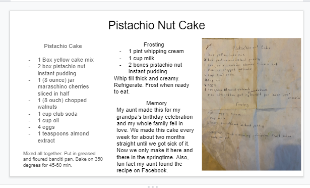 aberryfinn's tweet image. Culinary II -staying busy.  Proud of the work they have been doing at home and will be sharing a variety of their submissions-
First up is their Family Recipe &amp;amp; Memory @tajeahwinston Pistachio Nut Cake- be sure to read the memory  at the end #LHSCulinary  #LHScolonelpride