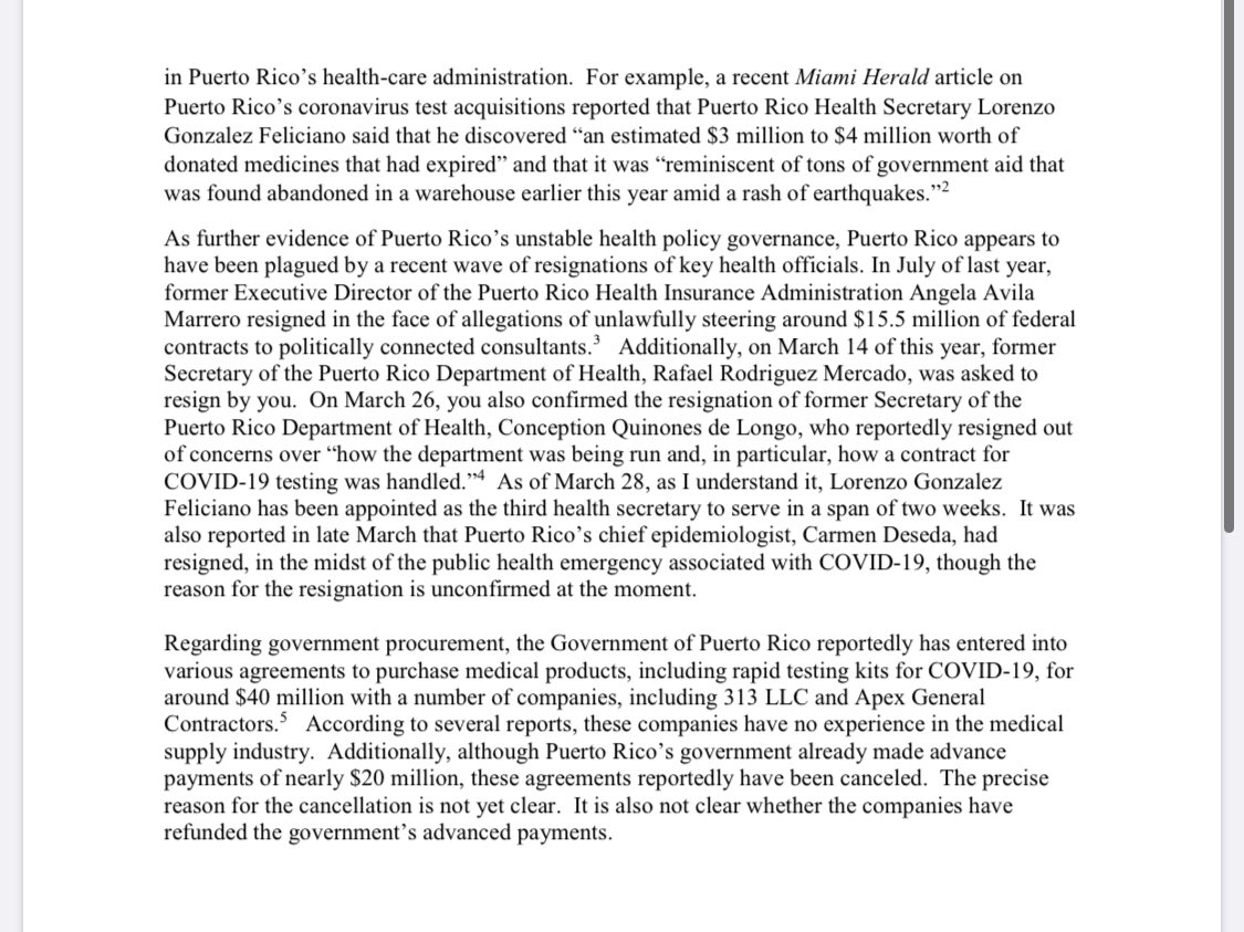 DavidBegnaud's tweet photo. The head of the U.S. Senate finance committee wants Puerto Rico's Governor to answer 13 questions about a recent COVID19 test scandal.
@ChuckGrassley writes: "it appears that procurement &amp; contracting in (PR) often passes through a filter of political connections..." https://t.co/RyepxnvVTk