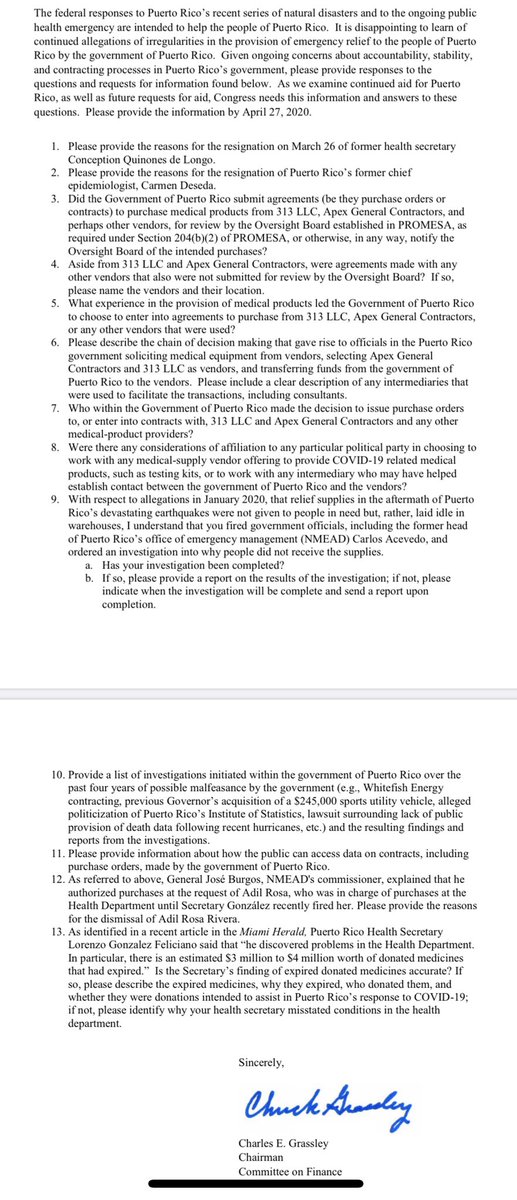 DavidBegnaud's tweet photo. The head of the U.S. Senate finance committee wants Puerto Rico's Governor to answer 13 questions about a recent COVID19 test scandal.
@ChuckGrassley writes: "it appears that procurement &amp; contracting in (PR) often passes through a filter of political connections..." https://t.co/RyepxnvVTk