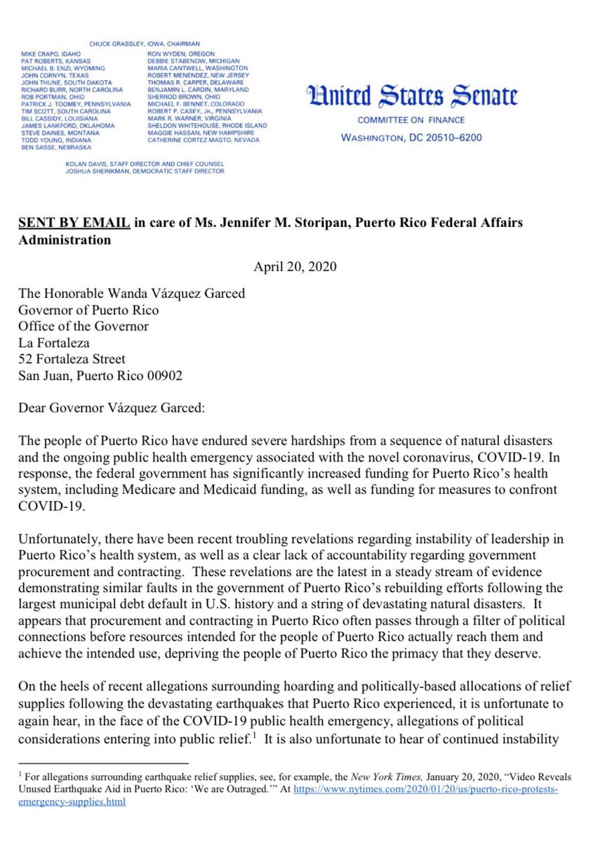 DavidBegnaud's tweet photo. The head of the U.S. Senate finance committee wants Puerto Rico's Governor to answer 13 questions about a recent COVID19 test scandal.
@ChuckGrassley writes: "it appears that procurement &amp; contracting in (PR) often passes through a filter of political connections..." https://t.co/RyepxnvVTk