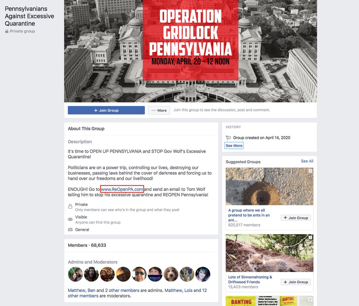 'Pennsylvanian Against Excessive Quarantine' Facebook Group created by Christopher Dorr, April 14, 2020 Redirect from www[.]REOpen[.]PA[.]com to Dorr Brothers 'Pennsylvania Firearms Association' https://action[.]pennsylvaniafirearmsassociation[.]org/action/end-wolfs-shutdown/