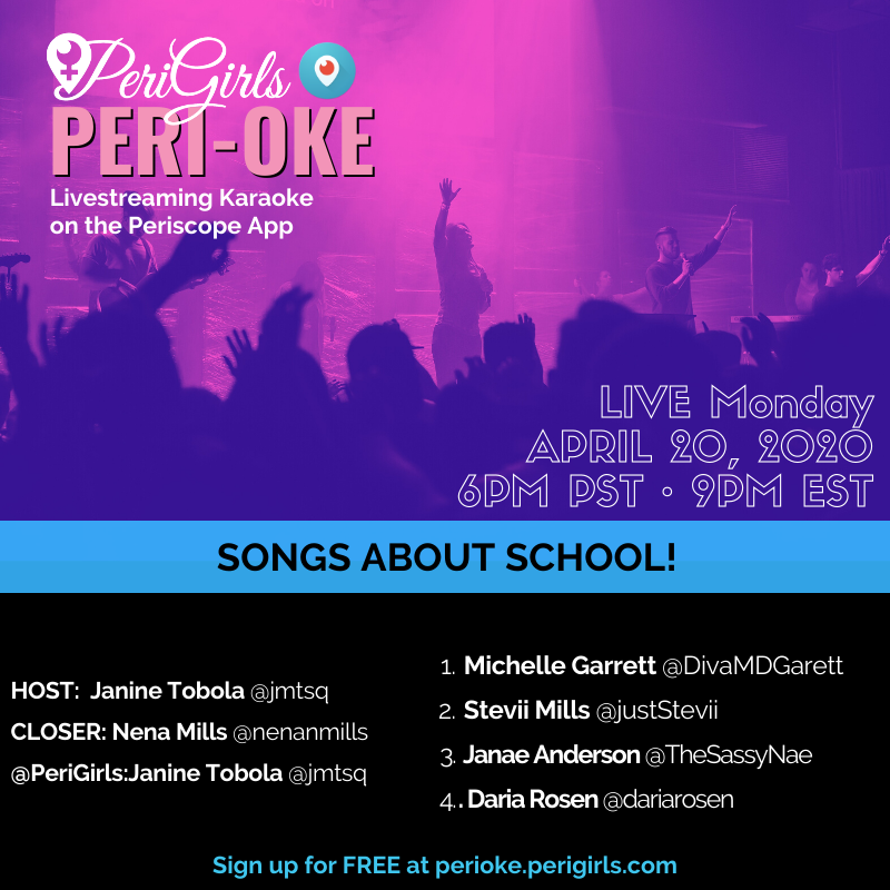 ThePeriGirls's tweet photo. TIME FOR #MusicMonday!
Join us at 6PM PST TONIGHT Apr 20th for @ThePeriGirls #Perioke on the #Periscope App
These amazing #livestreaming ladies will be singing their hearts out to your favorite tunes!
Tonight's theme is Songs About School!
See you there! https://t.co/Fv3MOZbxdJ