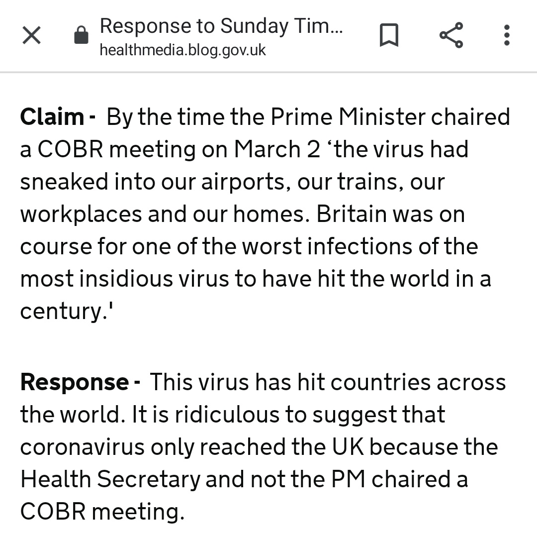 "It is ridiculous to suggest that coronavirus only reached the UK because the Health Secretary and not the PM chaired a COBR meeting" > the exact claim that you've written doesn't seem to make such a suggestion does it? I've read it five times now. Am I going completely mad?
