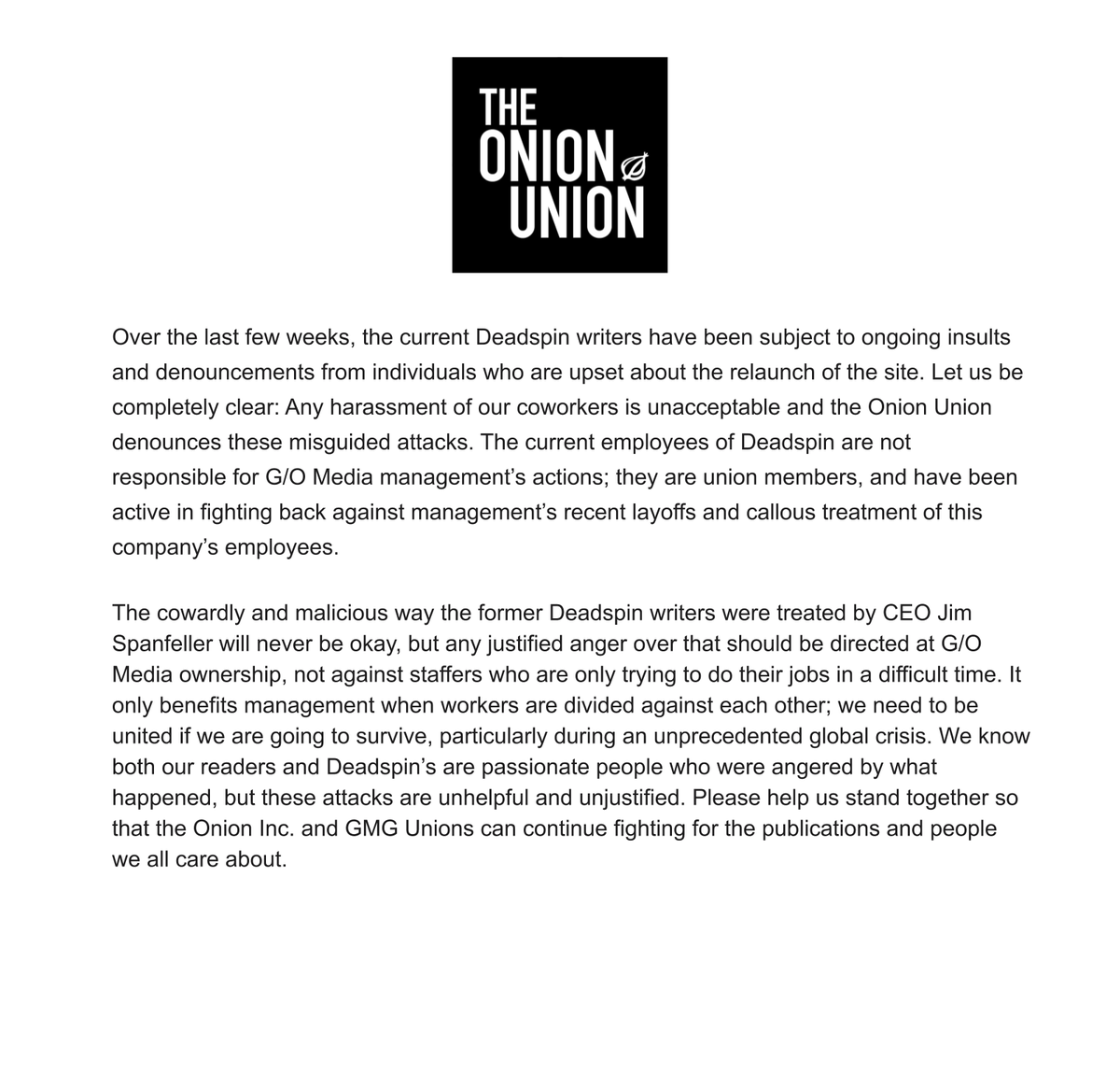 OnionIncUnion's tweet photo. Statement on Deadspin: https://t.co/nXlPEDceVK