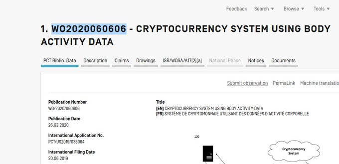 On March 26 2020, a very controversial patent was published on the WIPO official website. A document with registration code WO2020060606 and owned by  #MICROSOFTWO2020060606 - CRYPTOCURRENCY SYSTEM USING BODY ACTIVITY DATA https://patentscope.wipo.int/search/en/detail.jsf?docId=WO2020060606&tab=PCTBIBLIO