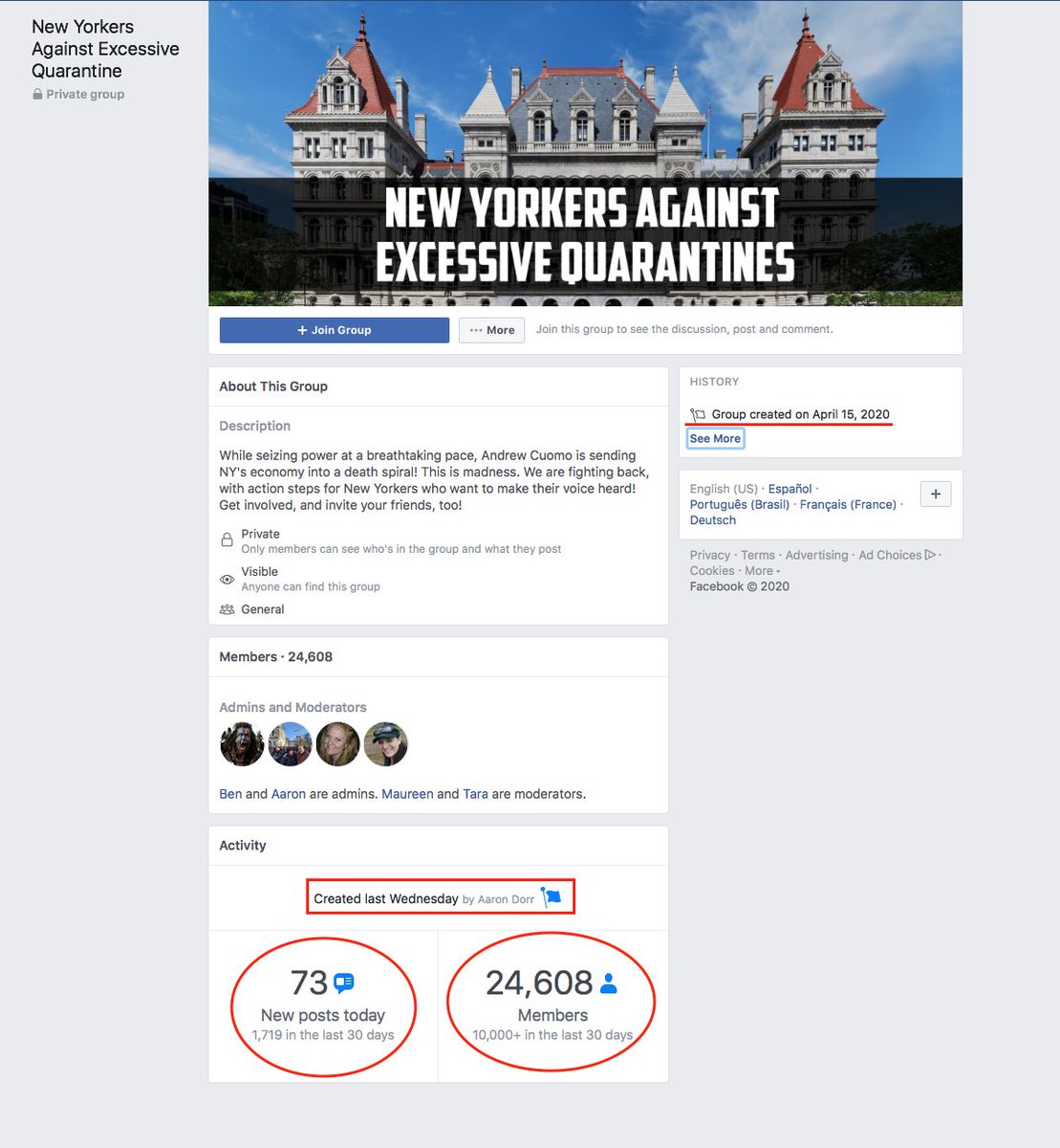 'New Yorkers Against Excessive Quarantine' Facebook Group created by Aaron Dorr, April 15, 2020. There is no linked website on the New York group page. I have archived all the Facebook groups and their linked websites