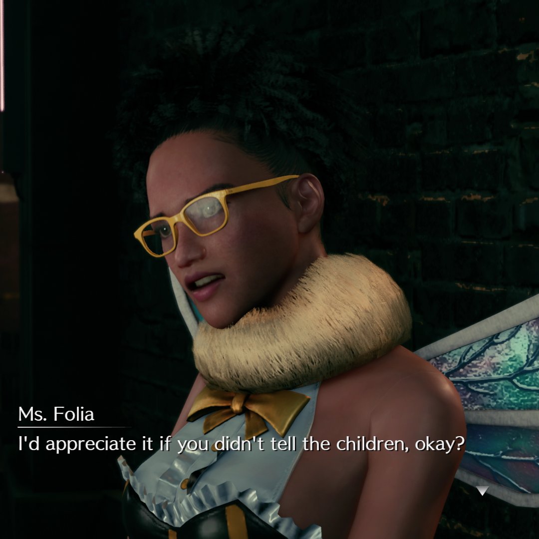 Excellent writing moment in  #FF7Remake. A teacher following her passion (dancing) in secret - at night - who doesn't want her students finding out. REAL AF.