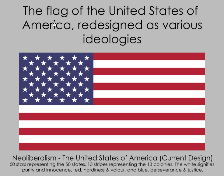 The flag of the USA, redesigned as various ideologies.Source:( https://www.reddit.com/r/vexillology/comments/fwrvb0/the_flag_of_the_usa_redesigned_as_various/ )