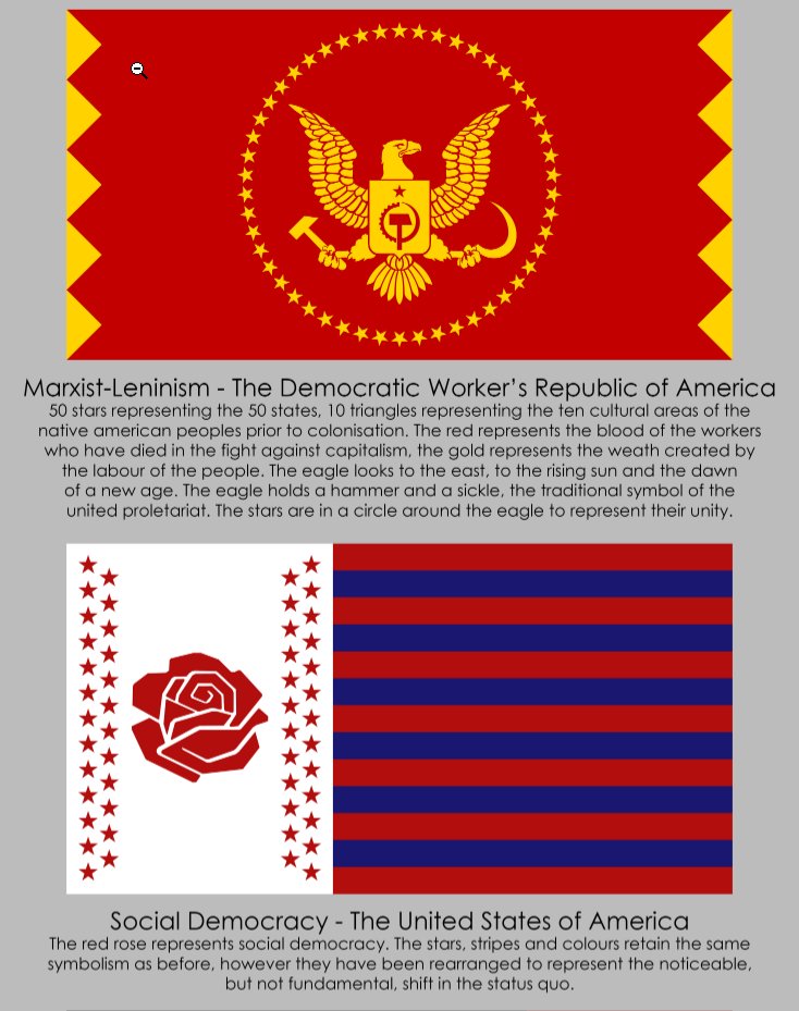 The flag of the USA, redesigned as various ideologies.Source:( https://www.reddit.com/r/vexillology/comments/fwrvb0/the_flag_of_the_usa_redesigned_as_various/ )