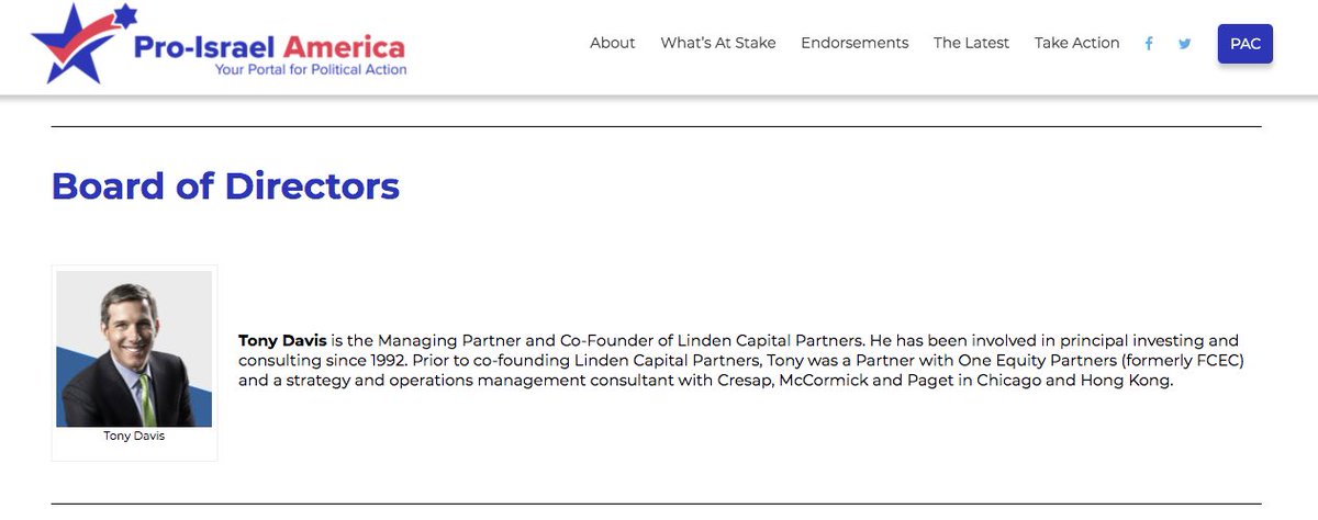 Tony Davis donated $25,000 to  @DMFIPAC on February 12. He is a managing partner and co-founder of Linden Capital Partners in Chicago. He is on the board of the PAC, Pro-Israel America.