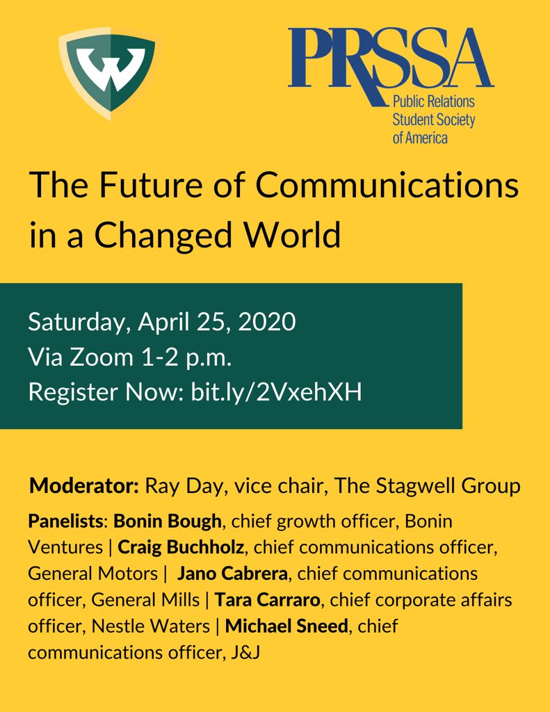 wsuprssa's tweet image. Join our moderator and Vice Chair of Stagwell’s Marketing and Communications Agencies, Ray Day, WSU’s Communication Department, PRSSA and industry professionals in a discussion about what’s ahead for communications through these unprecedented times. Registration link in bio!