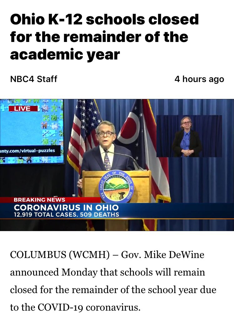 Brooklyn_Supt's tweet photo. Governor DeWine has ordered that Ohio school buildings to remain closed for the rest of the school year. The Brooklyn Schools will continue to serve our students through distance learning. https://t.co/PuAshtmQGN