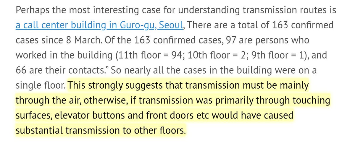 Check this example flagged by  @jeremyphoward in his super useful FAQ on masks. *94* out of 97 cases in a building worked on the same floor! It really suggests transmission through air is much more important than surfaces like elevator/doorknobs. Mask up!  https://www.fast.ai/2020/04/20/skeptics-masks/