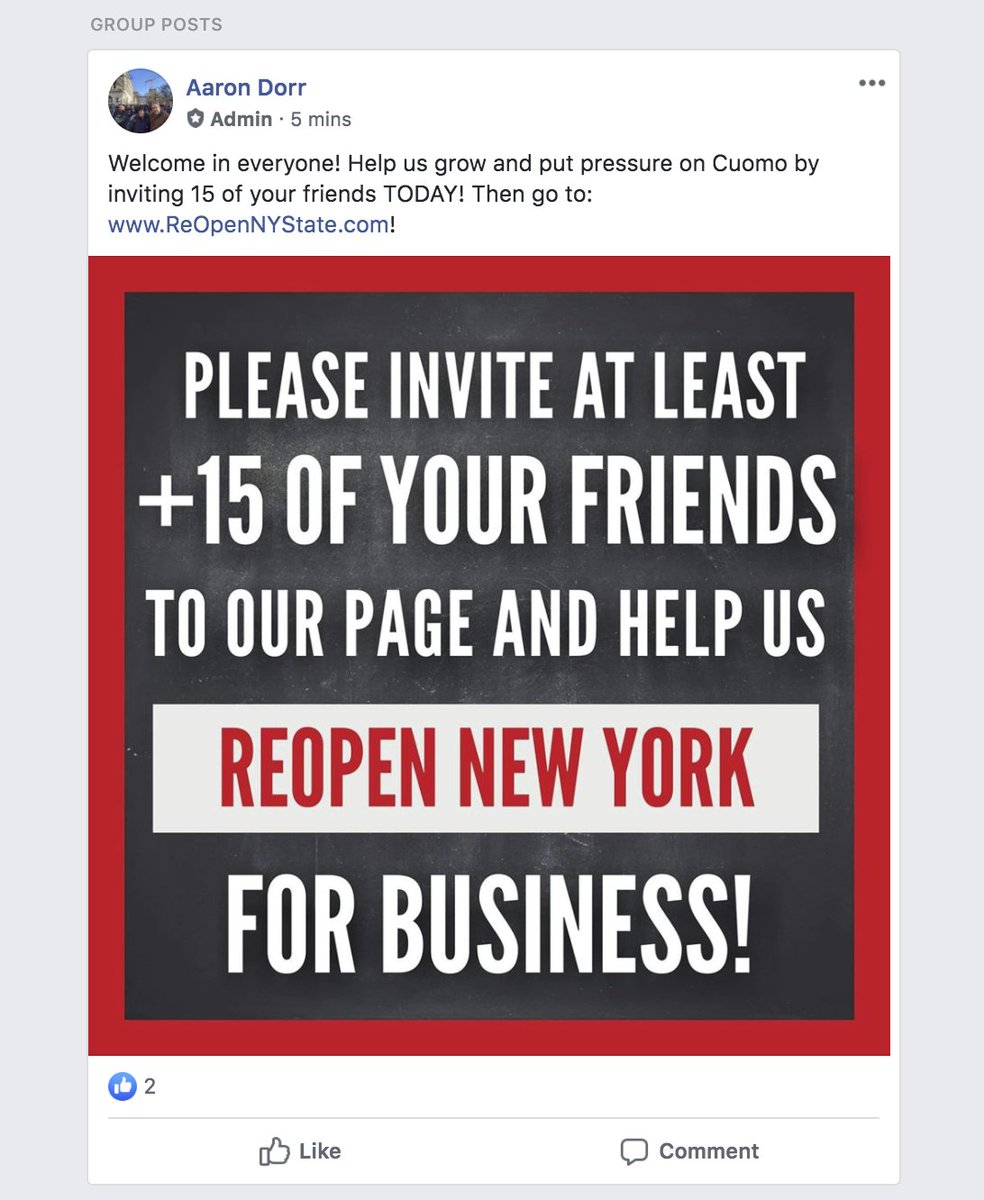 Just got added to the NY Facebook group. So ReOpenNYState dot com redirects to NY State Firearms Association which is also using One Click Politics and the physical address listed on the website is a UPS Store.