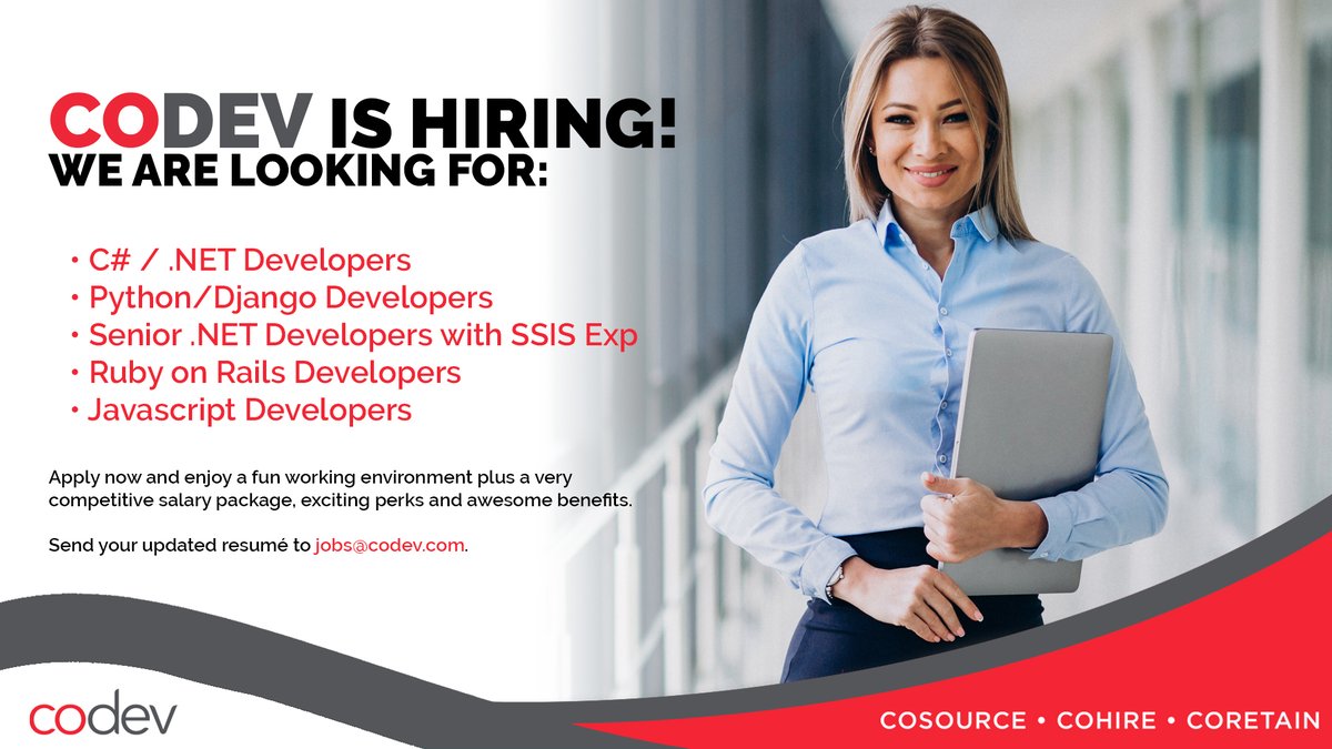 CoDevPhils's tweet photo. #CoDev is hiring for the following positions:

• C# / .NET Developers
• Python/Django Developers
• Senior .NET Developers with SSIS Exp
• Ruby on Rails Developers
• Javascript Developers

Send your resume to jobs@codev.com and take our assessments from the  your home! https://t.co/DvMu3d543Y