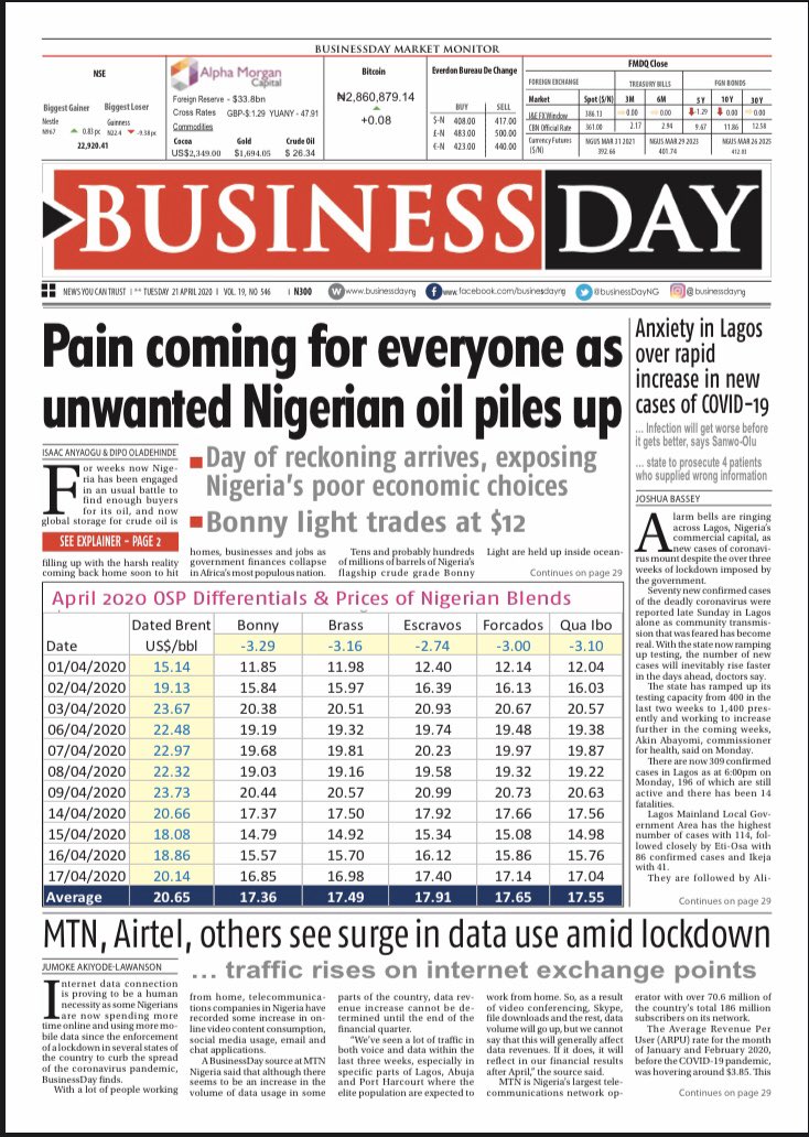 BusinessDayNg's tweet photo. FRONT PAGE: Pain coming for everyone as unwanted Nigerian oil piles up

#Oilcrash https://t.co/r7JnGwvWej