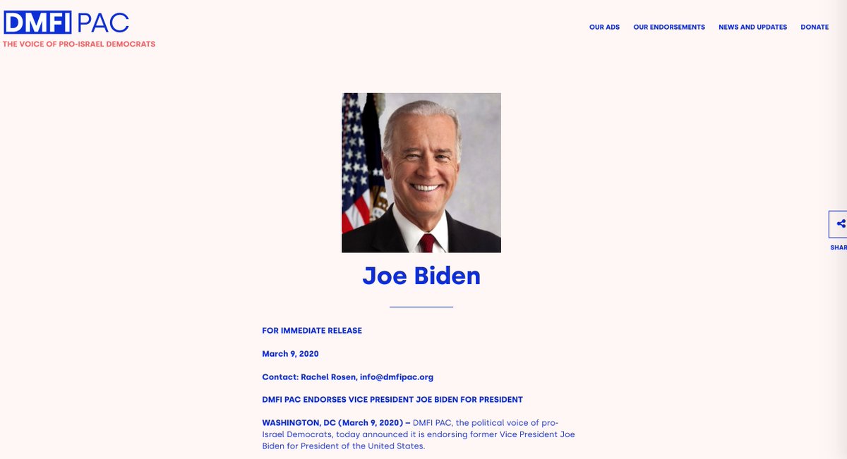 . @DMFIPAC endorsed Joe Biden on March 9. They cheered his past support for Israel's Iron Dome missile defense system, as well as his role in "codifying the largest-ever level of U.S. security assistance to Israel" when he was Vice President in Obama's administration.