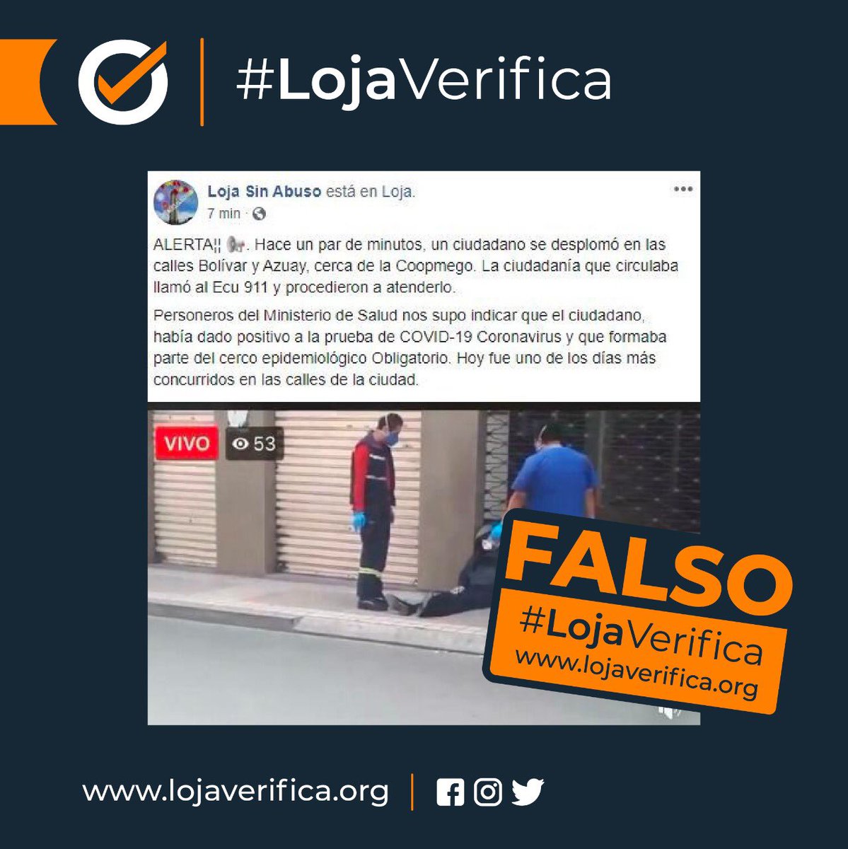 Ciudadano que sufrió descompensación por su condición de diabético fue trasladado a su domicilio. 

NO es un caso confirmado de #COVID19.

El pánico es peor que el virus. No compartas información FALSA. 

#LojaVerifica🖐🏻