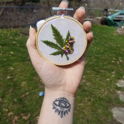  @bethanieanaisHi! I'm Bethanie, I'm an embroidery artist and painter. I made a hand embroidered marijuana leaf featuring marijuana bud on a 3" embroidery hoop 