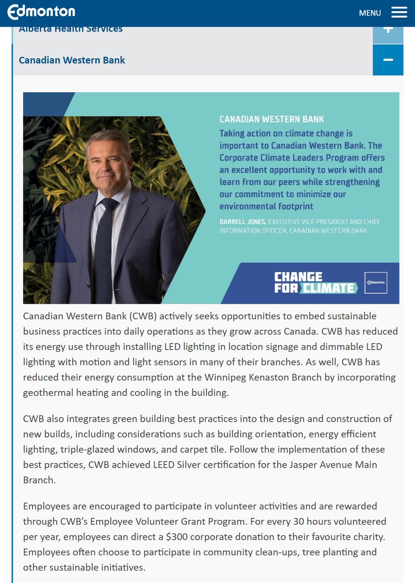 We've got a real stinker with Canadian Western Bank ( @CWBcommunity)No carbon reporting whatsoever.Hilariously the founded "City of Edmonton's Corporate Climate Leaders program". So specific. Climate commitments weaker than kindergarten brainstorming session.