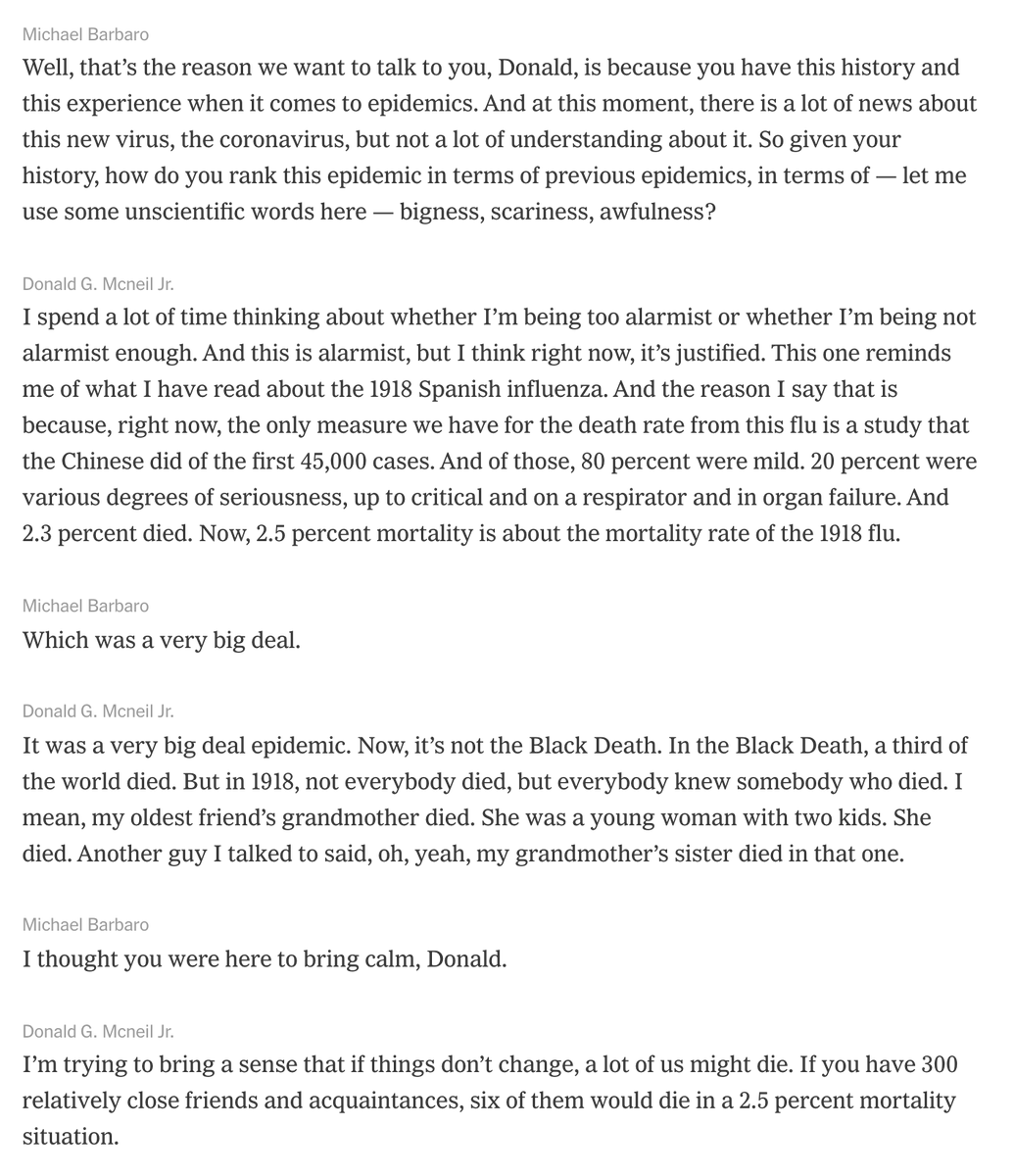 5/ Remember McNeil ( #TheDaily on Feb 27  https://nyti.ms/2RU83jB ) was 1st to predict need for national stay-home, ubiquitous masks, & deaths on scale of Spanish Flu (below). In other words, he got it utterly right, so his new projections, while a lot to absorb, are highly credible