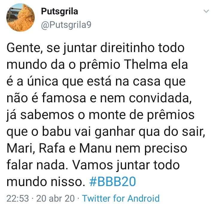 Putsgrila9's tweet photo. @textosdocaralho #BBB20 Vamos gente! https://t.co/v5M0CU5z74