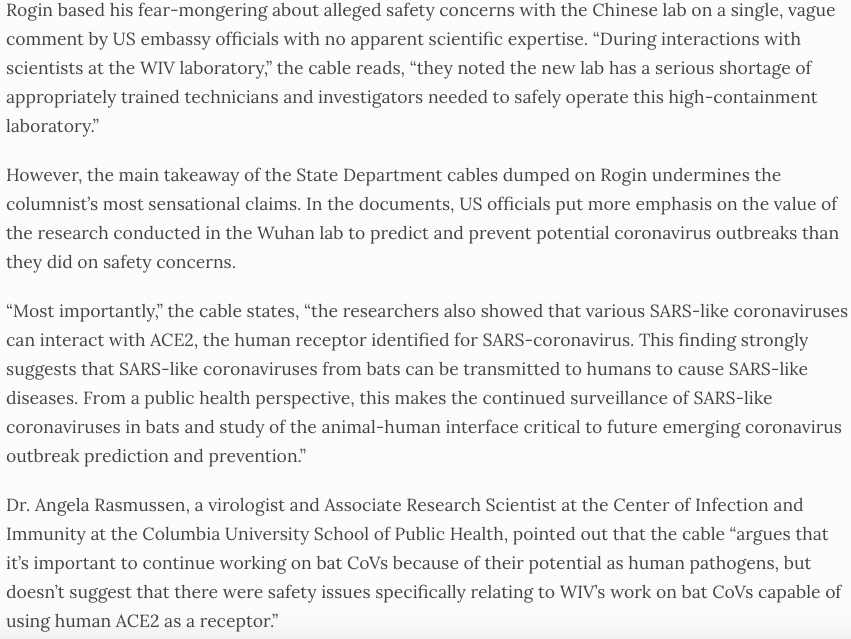 WaPo neocon water carrier  @joshrogin based his innuendo about the Wuhan Intitute of Virology on a US embassy cable apparently leaked to him. But the actual content of the cable - which he refused to publish in full - undermined the conspiracy theory he was advancing.