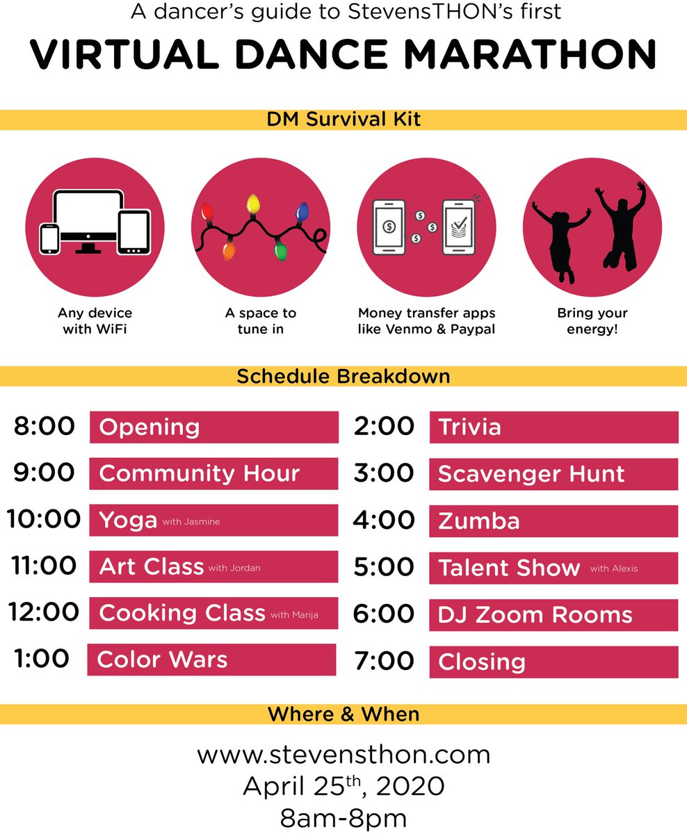 StevensThon's tweet photo. StevensTHON 2020 Virtual Dance Marathon Schedule! Join us Saturday, April 25th from 8am-8pm on https://t.co/4zGLT5Ydog. Money fundraise supports  @ChildrensSpecNJ COVID-19 fund! https://t.co/8bmw3GVZYa