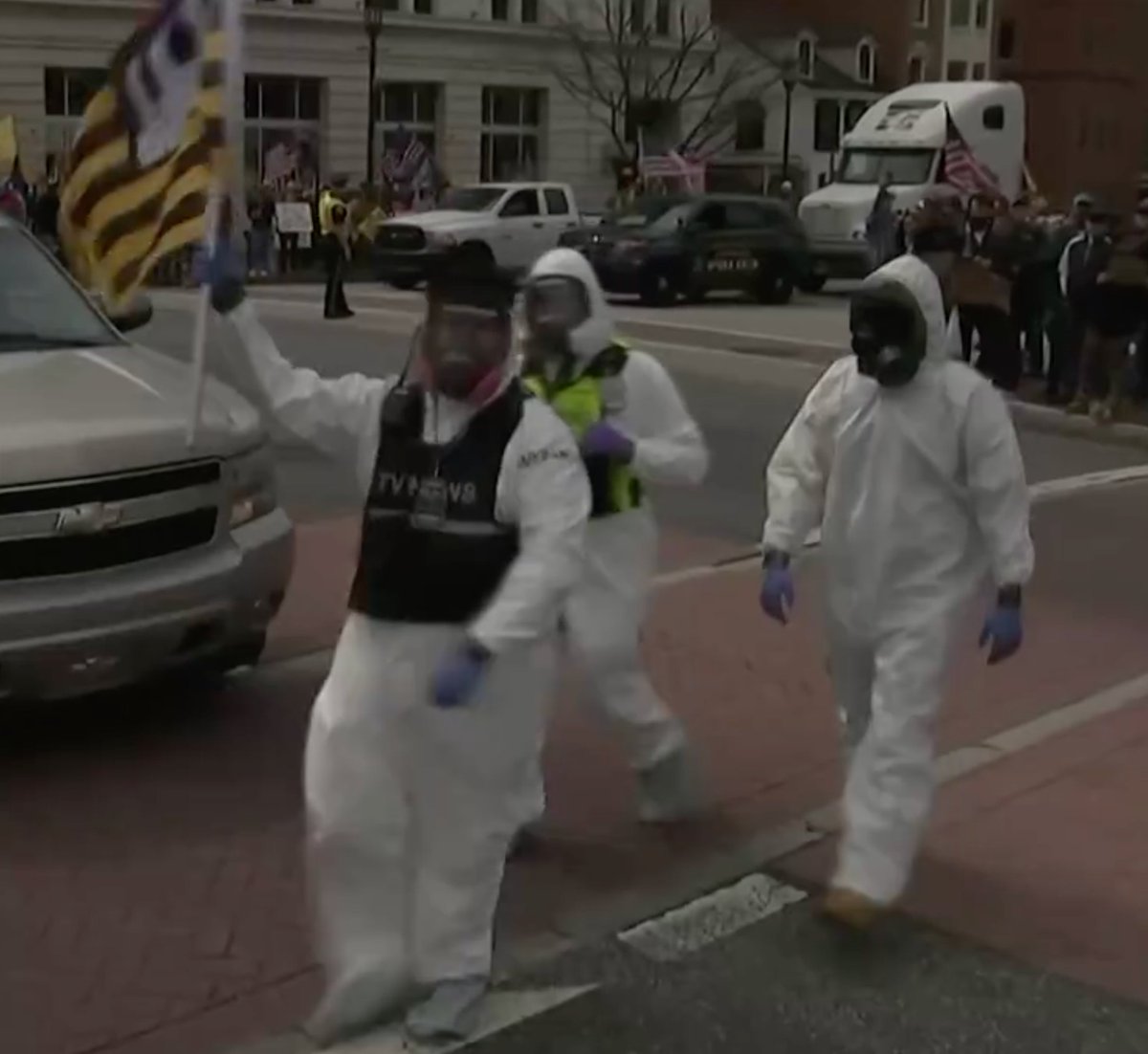 And yep, if you watch that footage, you see that the Heil Hitler biohazard suit guys are there as a crew.So that's a confirmed three-Nazi set right there.