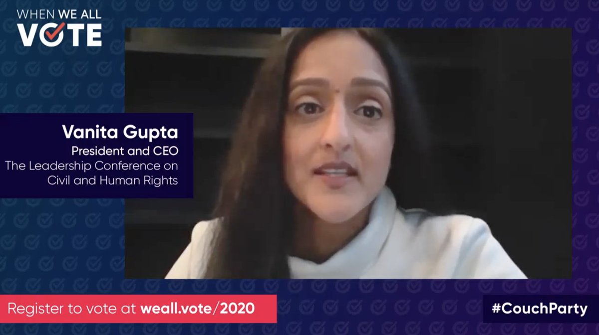 Screenshot of Vanita Gupta appearing on When We All Vote's Couch Party.