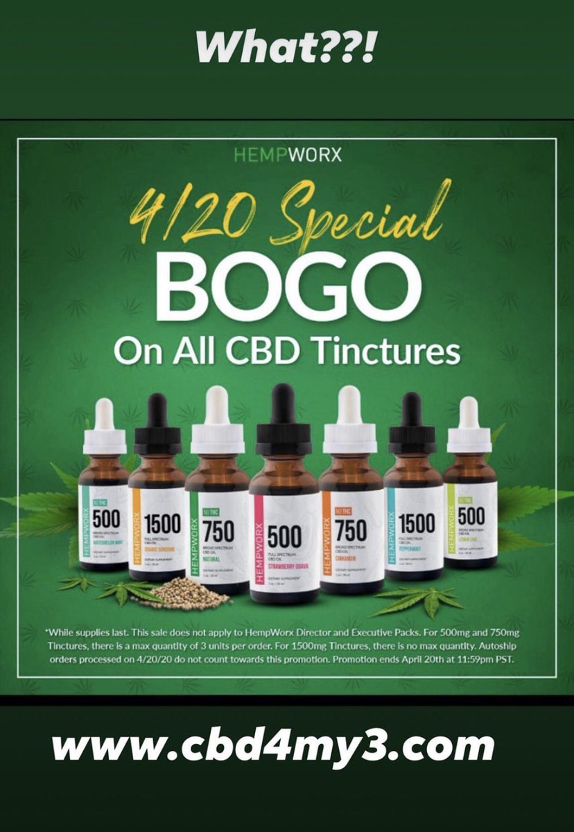 JudyMarca's tweet photo. Buy one get one free!! What? Up to 3 free today only! Happy 420 https://t.co/gW9F0c3dNY 🌿 #bogocbd #bestcbd #putestcbd #cannabis #CannabisDay #hempoilcbd #cbd4pets https://t.co/Kpvmx9xCzn