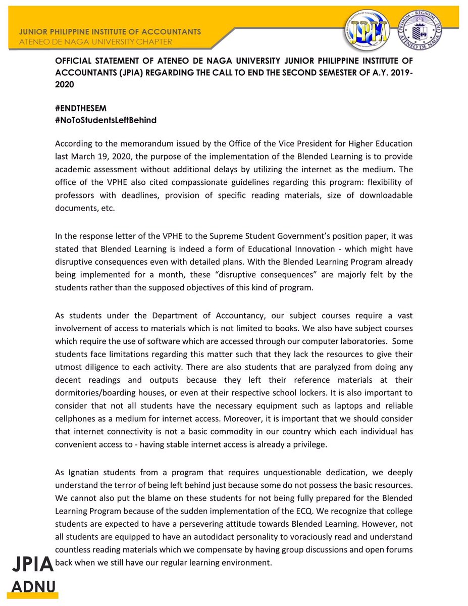 onlyjpiaadnu's tweet photo. Good day! After careful deliberation and consultation with the students, here's our statement regarding the call to end the semester. https://t.co/Zl3B0mEX3K