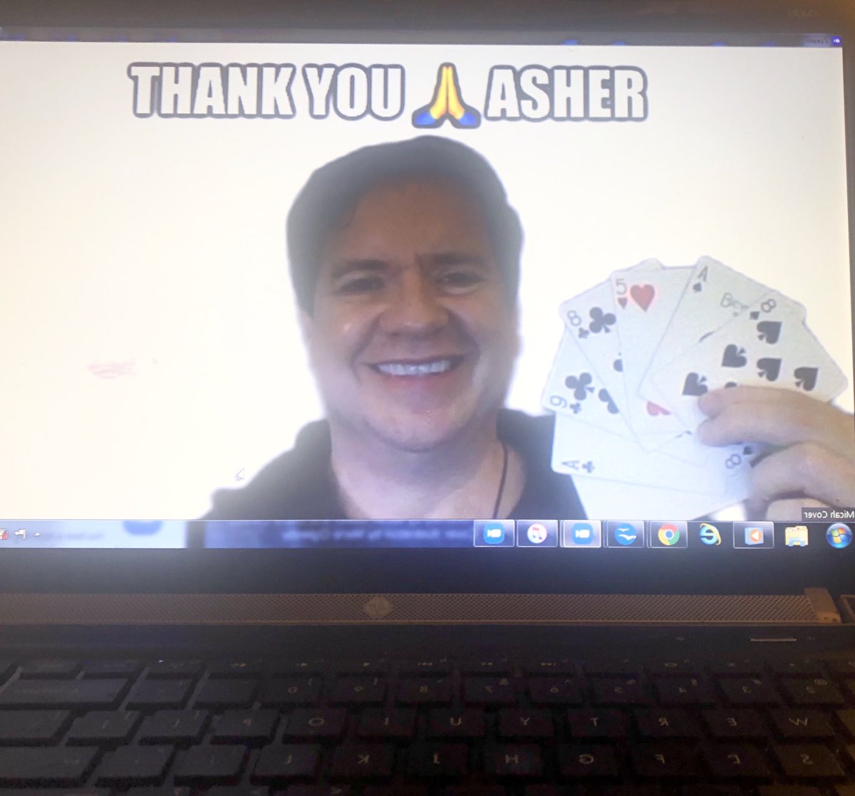 MicahCover's tweet image. 3rd Zoom Magic Lesson today. 
Asher &amp;amp; I continue on Magician’s Code (the cards spell “ASHER”). 
Then she said, “What does THIS button do?”
It was “Leave Meeting.”
Pay-What-You-Can Magic Zoom Lessons still avail
Thx Lauren &amp;amp; Gabrieal 4 recommending me
#onlinelessons
#magiclessons