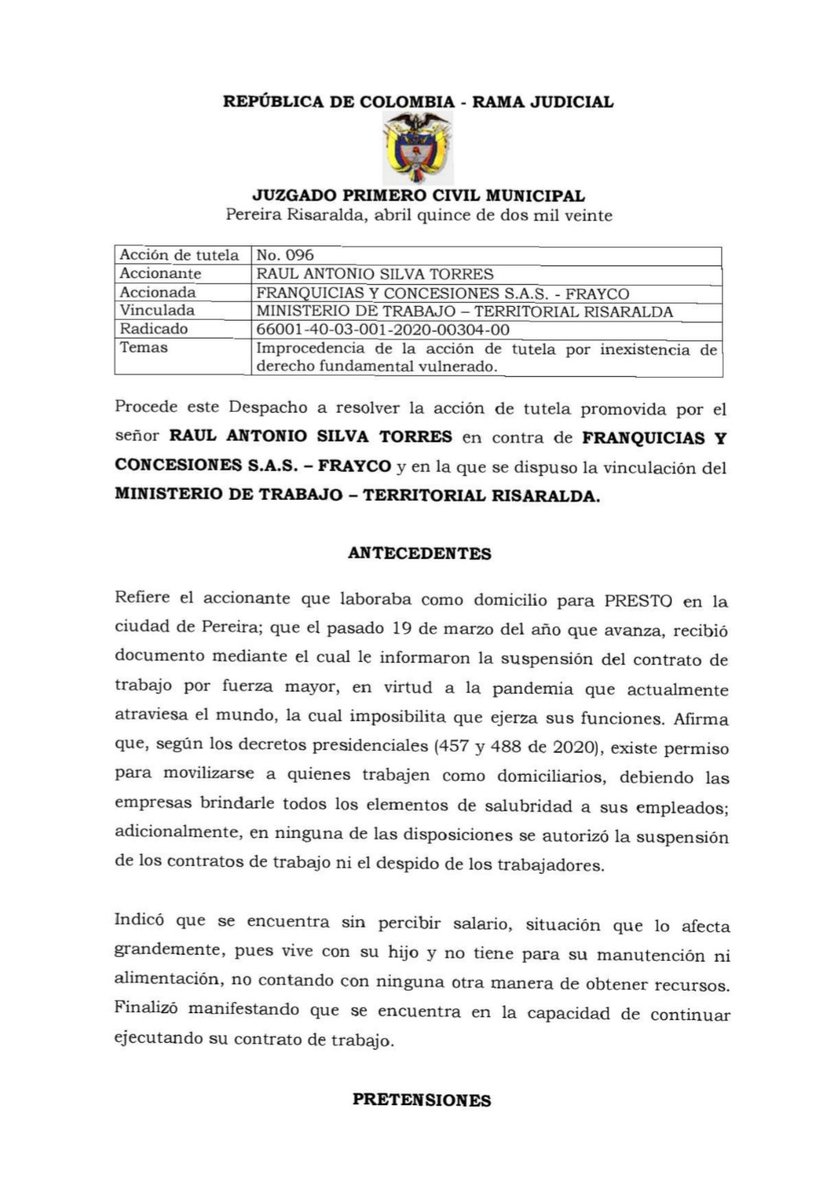 Sentencia de tutela juzgado 1 C.M. de Pereira niega reintegro por suspensión de contacto.