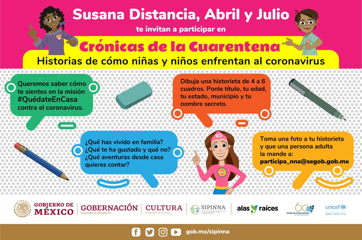 SIPINNA_MX's tweet photo. Niñas, niños y adolescentes son parte de la misión #QuédateEnCasa  Invítales a expresar cómo está viviendo la Jornada Nacional de #SanaDistancia a través de la Consulta “Crónicas de la Cuarentena”. Checa la convocatoria: https://t.co/hro655NmTF https://t.co/IzPUpR3jw0
