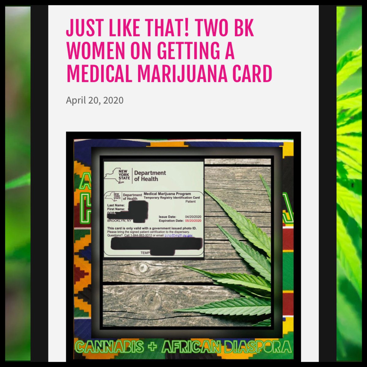 highaspora's tweet image. 🌟🌳🥳 Happy 420 to all my African Highaspora out there!!! 🙌🏿🌱🚀 Ever wonder about getting your Medical Cannabis Card in New York State? Well African Highaspora talked w/ two Brooklyn sistas to find out all about the process!✊🏿 Check the link:

africanhighaspora.com/f/medical-cann…