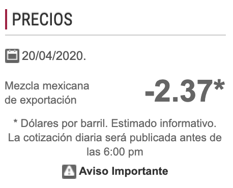 lopezdoriga's tweet photo. Acaban de publicar el precio de la mezcla mexicana en la página de Pemex 

-2.37 dólares por barril https://t.co/9VSeeggsXC