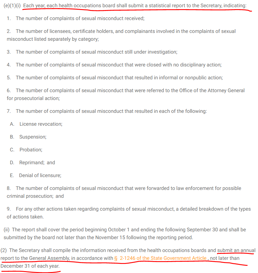 I digress...Back to that report on sexual misconduct among licensed health professionals in Maryland...Here's what it should include: https://codes.findlaw.com/md/health-occupations/md-code-health-occ-sect-1-212.html