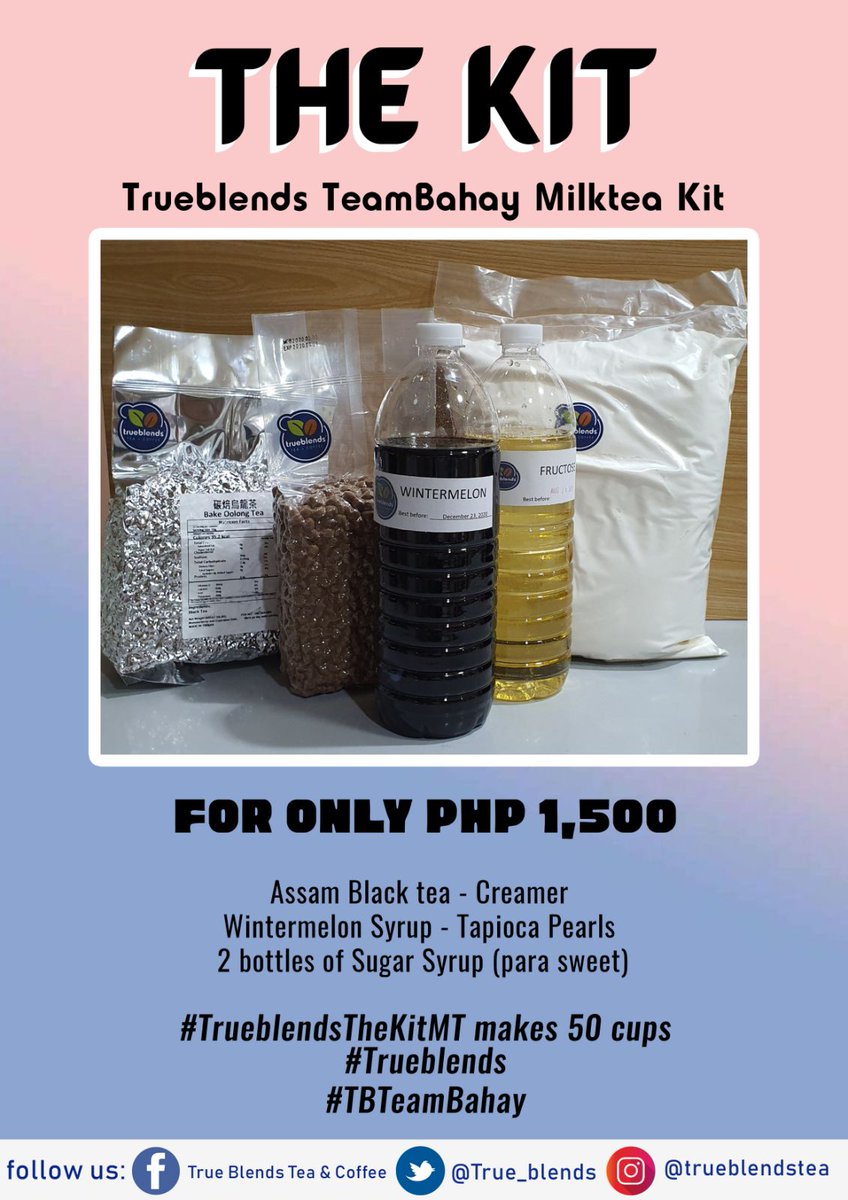 True_blends's tweet photo. The KIT has finally released!
Alam namin na milktea na milktea na kayo kaya dahil jan... Eto na ang Milktea para sa TEAM BAHAY!
Just call or text us at 09178845566 for The Kit orders :)
#Trueblends
#TrueblendsTheKitMT
#TBTeamBahay https://t.co/f57UtrhNM4