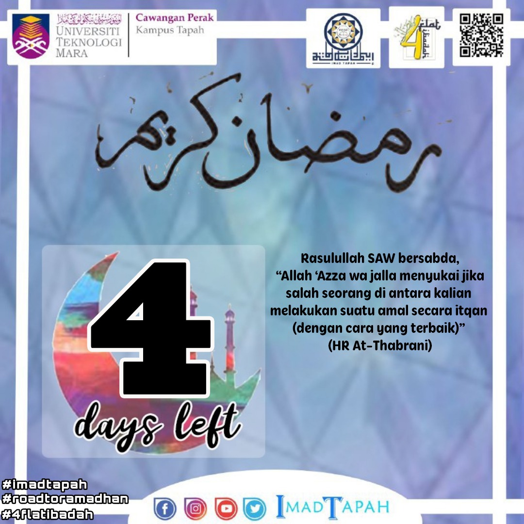 IMADTAPAH's tweet photo. π Road to Ramadhan 1441H π
4 Days Left
Menuju Mukmin Professional
#RoadToRamadhan π
#Tashabarnyaa! π€©
#Ramadhan4FlatIbadah π https://t.co/TjNlyKUsAT