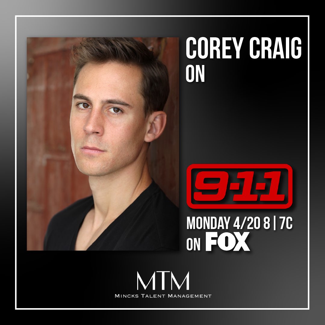 MincksTalent's tweet photo. Tune in or set your DVRs for a new episode of #911 on #Fox and catch #MincksTalent #CoreyCraig, tonight Monday 4/20 at 8/7c.
.
.
#Repost @coreycraig
・・・
Tonight. @911onfox. Catch me as PFC Greggs with @ryanaguzman… https://t.co/3aVCgLqqmA… https://t.co/vOC9jIIWAM