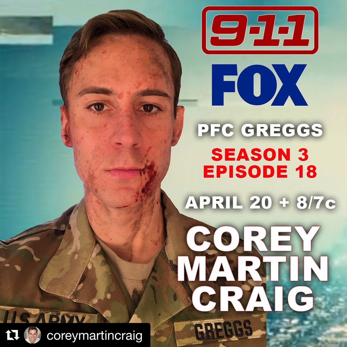 MincksTalent's tweet photo. Tune in or set your DVRs for a new episode of #911 on #Fox and catch #MincksTalent #CoreyCraig, tonight Monday 4/20 at 8/7c.
.
.
#Repost @coreycraig
・・・
Tonight. @911onfox. Catch me as PFC Greggs with @ryanaguzman… https://t.co/3aVCgLqqmA… https://t.co/vOC9jIIWAM