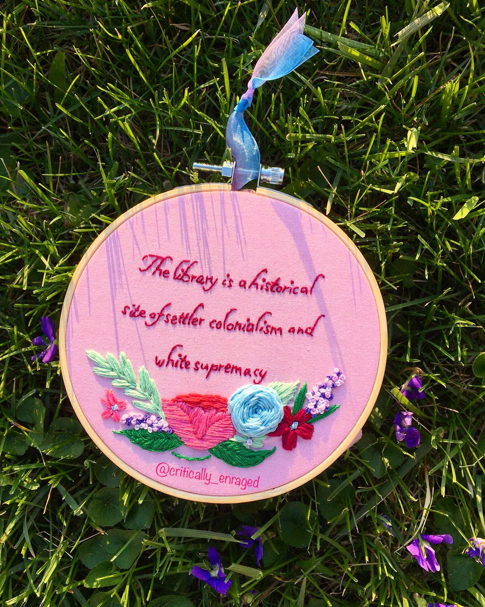 For National Library Week, I’m making some embroidery to creatively express how I’ve been feeling about the whiteness in my MLIS program and profession, anxiety of graduating in 4(!) weeks, and national response to COVID-19, specifically in libraries. Here’s the first: