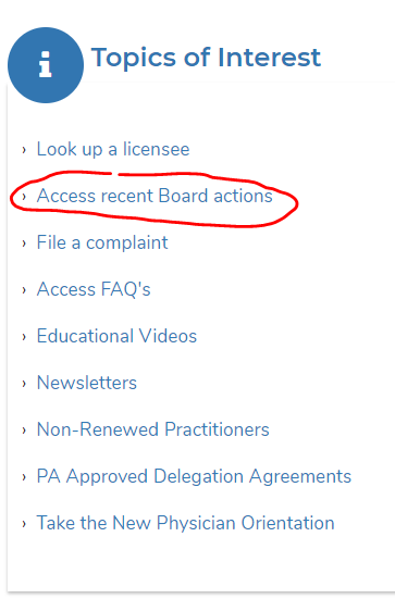 On the Maryland Board of Physician's website, you can scroll down and find "Access recent Board actions." This will allow you to view disciplinary alerts, sanctions, and more.  https://www.mbp.state.md.us/disciplinary.aspx