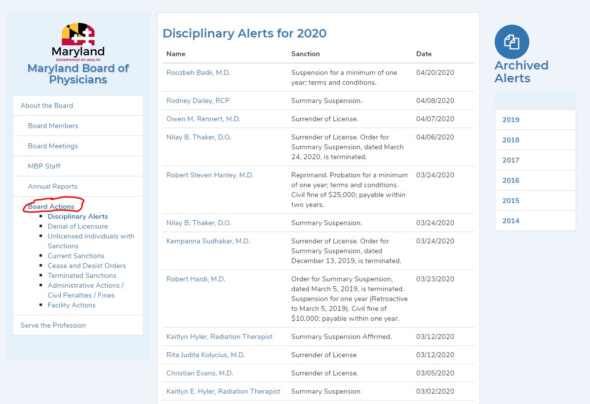 You can click on a health professional's name to read more information about why they were sanctioned. Maryland BoP seems to only go back to 2014. But older documents should be on  http://docinfo.org .  https://www.mbp.state.md.us/disciplinary.aspx#