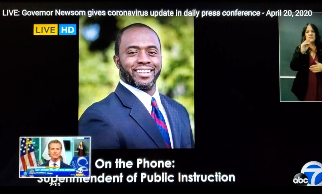 TonyThurmond's tweet photo. I joined Governor Newsom's press conference today to update Californians on distance learning. I'm grateful to the Governor and our State Board of Education President who join me in believing that as we respond to this crisis, we must once and for all close the digital divide. https://t.co/nVHCtYexWY