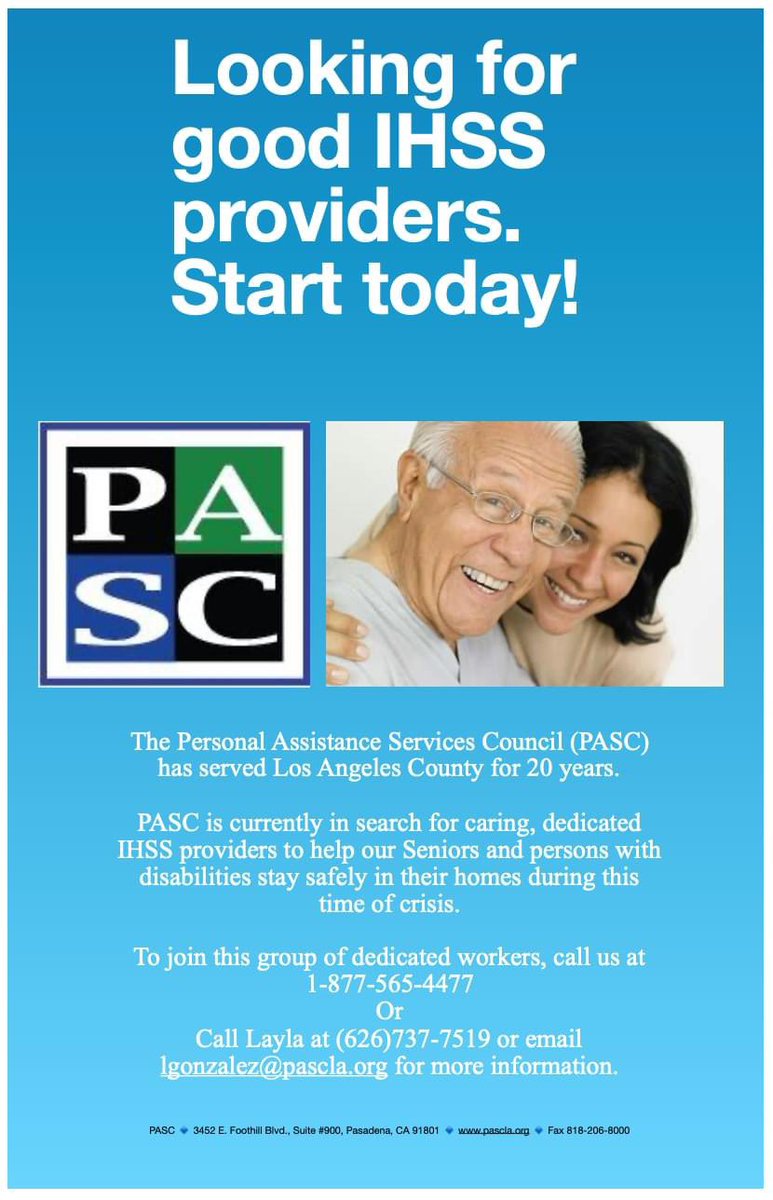 pasc_la's tweet photo. We are looking for IHSS Providers. Start Today! 
#pasc #pascla #ihss #providers #caregivers #losangeles #lacounty https://t.co/WcMhspdVFZ