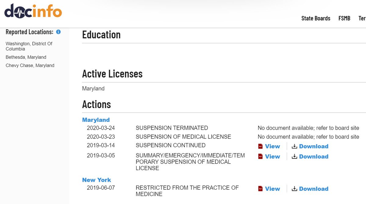 For example, a search on  http://docinfo.org  produces this result. To get the most recent documents for this particular health professional, you have to go to Maryland's Board site. It's all quite simple, even if it doesn't seem so. The point is, it's worth it. #MeToo  
