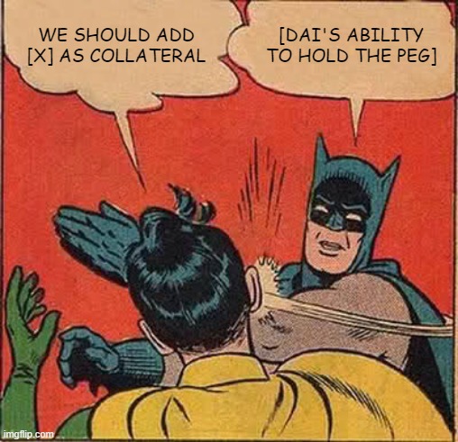 28/39And, even with only  $BAT and  $USDC in the mix we are already seeing growing issues of  $DAI being able to maintain its $1 peg.These assets were added without big wallets voting, but what happens when a16z decides that one of the projects they've invested in should