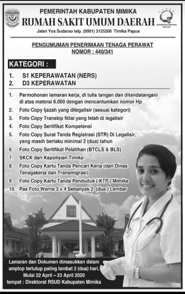 Pengumuman penerimaan tenaga perawat di RSUD Timika 🙏